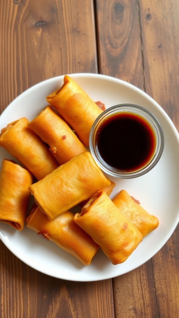 Crispy Air Fryer Chicken Egg Rolls Recipe Crispy air fryer chicken egg rolls served with soy sauce on a wooden table.